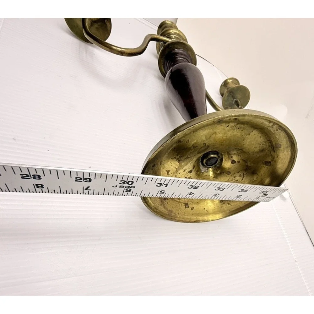 Vintage Brass Mahogany Wood 3 Arm Candelabra Dark Academia English Country